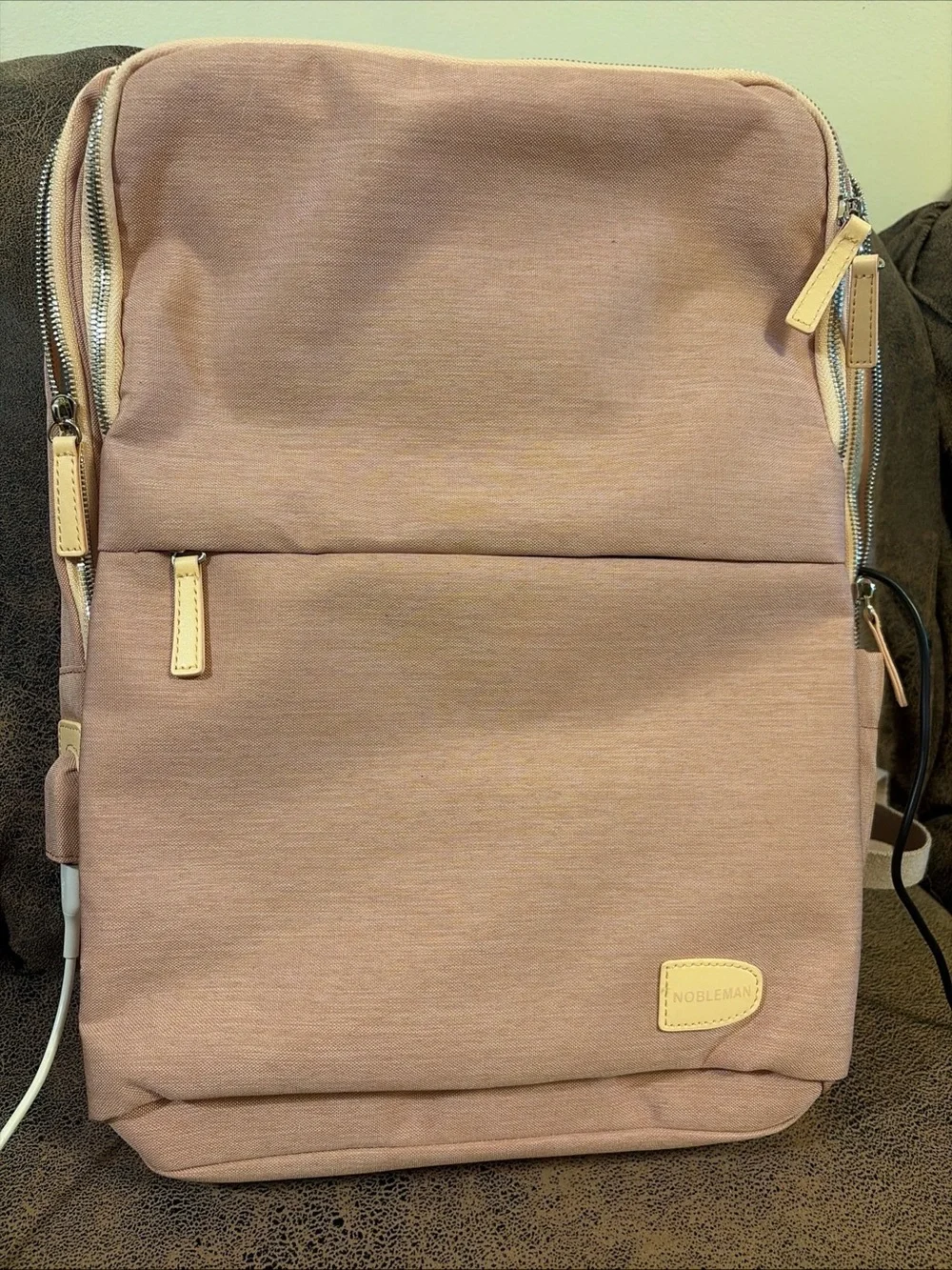 NOBLEMAN Backpack for women and man,Waterproof travel work Beige -pink Plus  USB